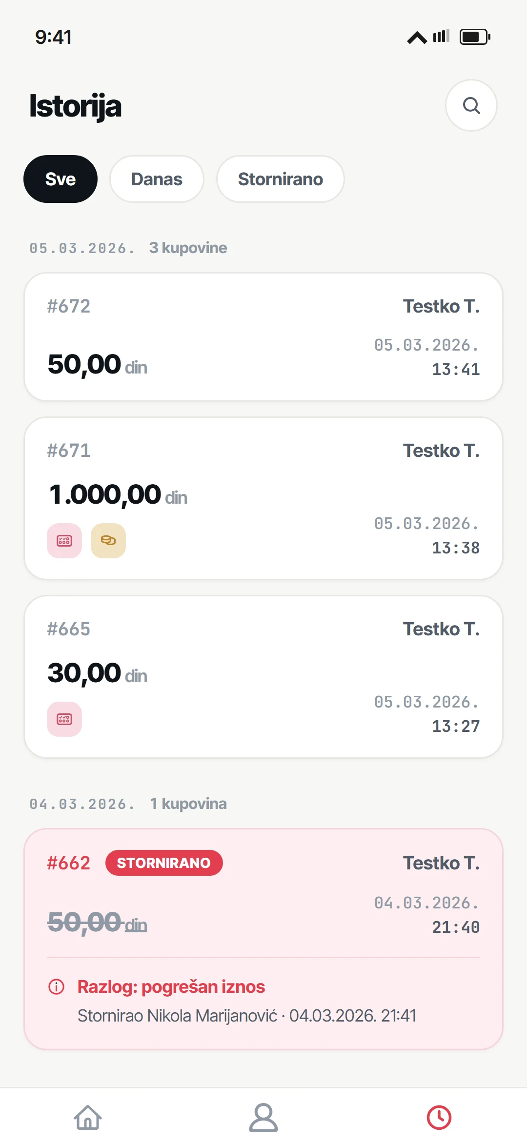 Ekran Istorija sa kupovinama po danima i storniranom transakcijom