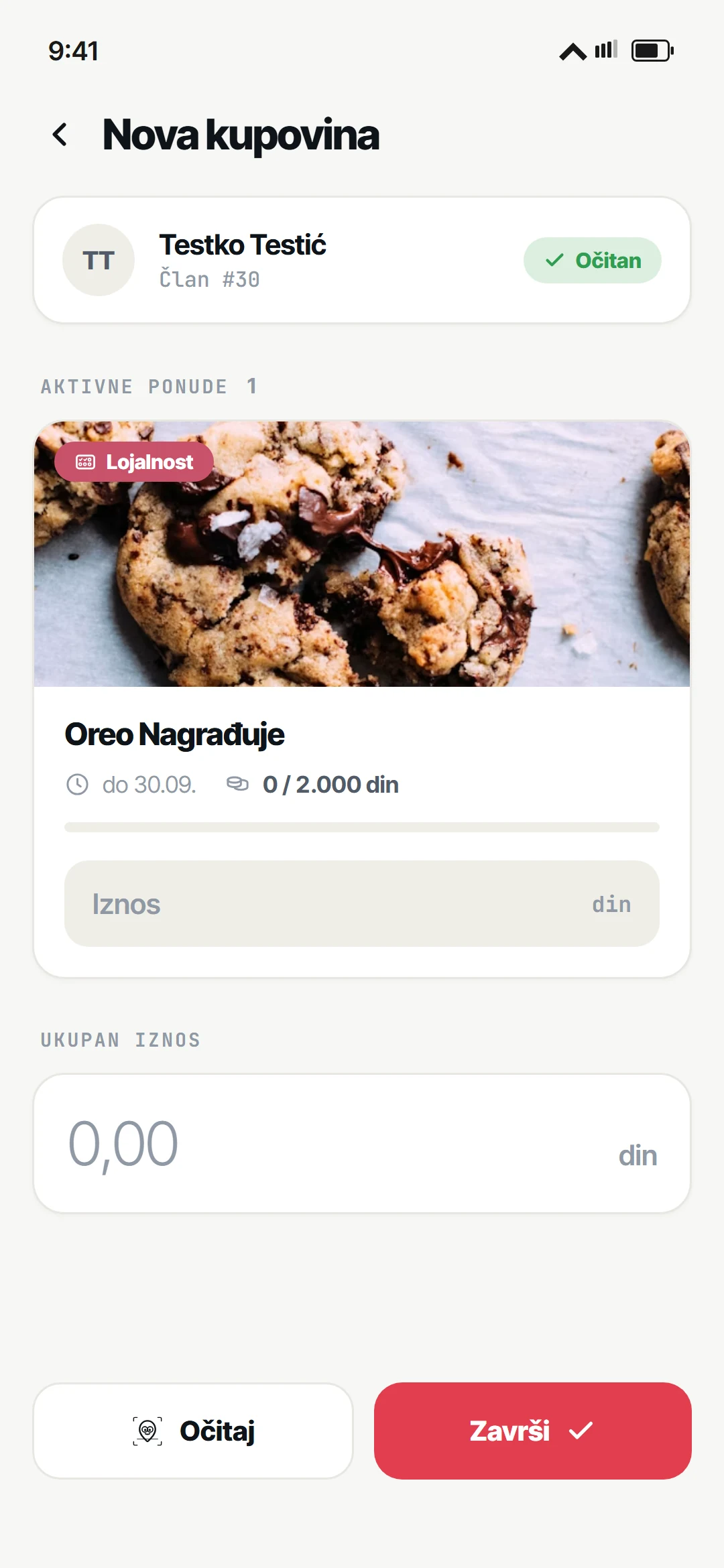 Ekran Nova kupovina: očitan kupac i njegova aktivna ponuda