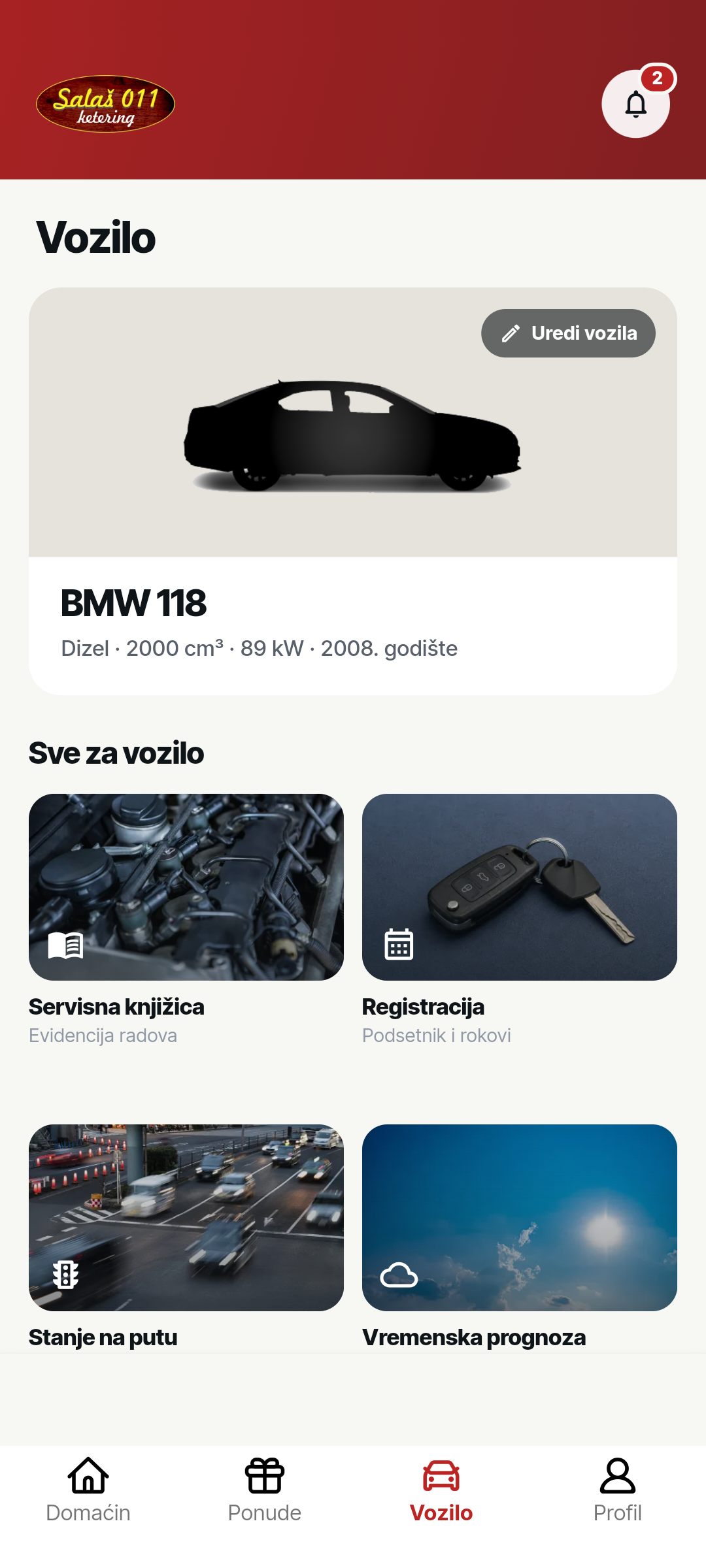 Ekran Vozilo sa podacima o automobilu i rokom registracije